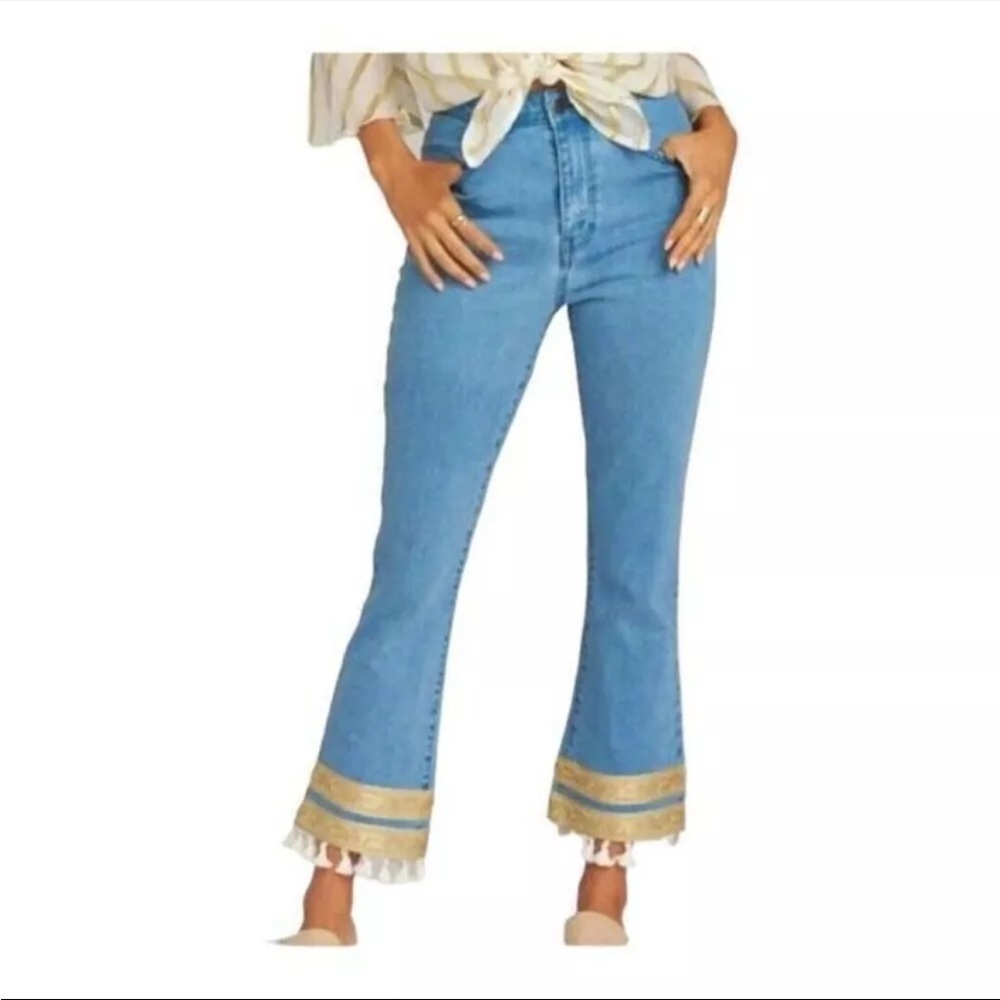 MuMu Boho Light Blue Denim Flare Jeans with Tassel Trim Embellished Hem Size 27